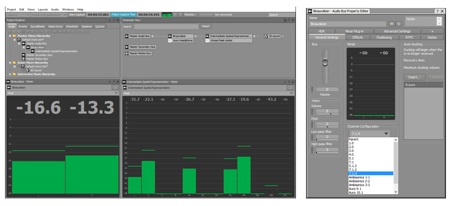 Figure 3 - Using a virtual loudspeaker representation in Wwise, as illustrated in the Project Explorer and Schematic View. Both busses are set to a standard configuration with multiple speakers, such as 7.1.4. Height channels are required in order to represent sound coming from above the listener.