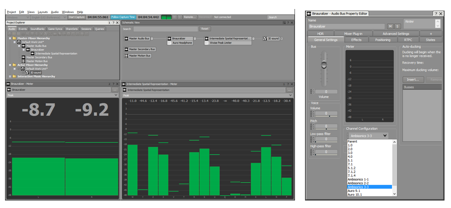 Figure 5 - Using an ambisonic intermediate spatial representation in Wwise, as illustrated in the Project Explorer and Schematic View. Both busses are set to an ambisonic configuration. Higher orders are recommended in order to obtain satisfying spatial precision.