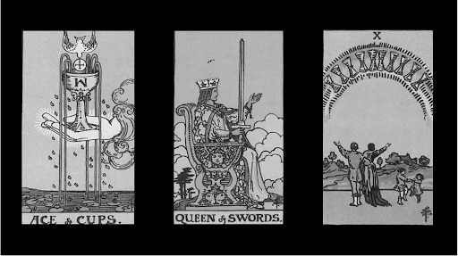 Three cards on top of a black background. The first is Ace of Cups, the second Queen of Swords, and the third 10 of Cups.