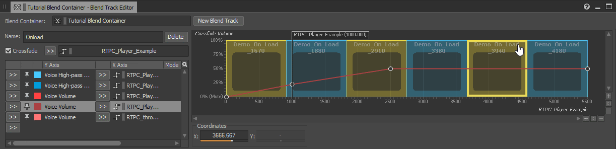 WwiseのBlend Track Editorでクロスフェードする様子のGIF画像